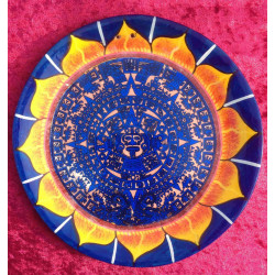 Superbe assiette décorative bleu et orange au décor géométrique Maya