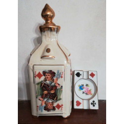 Bouteille porcelaine Vintage décor jeux de cartes + cendrier