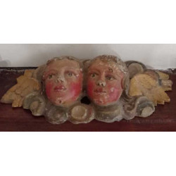 Sculpture têtes d'anges chérubins ailés en bois polychrome - 18e