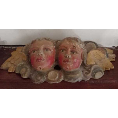 Sculpture têtes d'anges chérubins ailés en bois polychrome - 18e